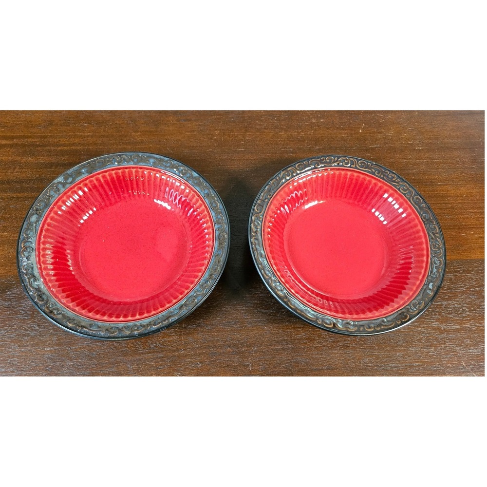 Roscher Tara Collection Stoneware Bowls Set of 2 Red Black 8.5" Scroll Rim